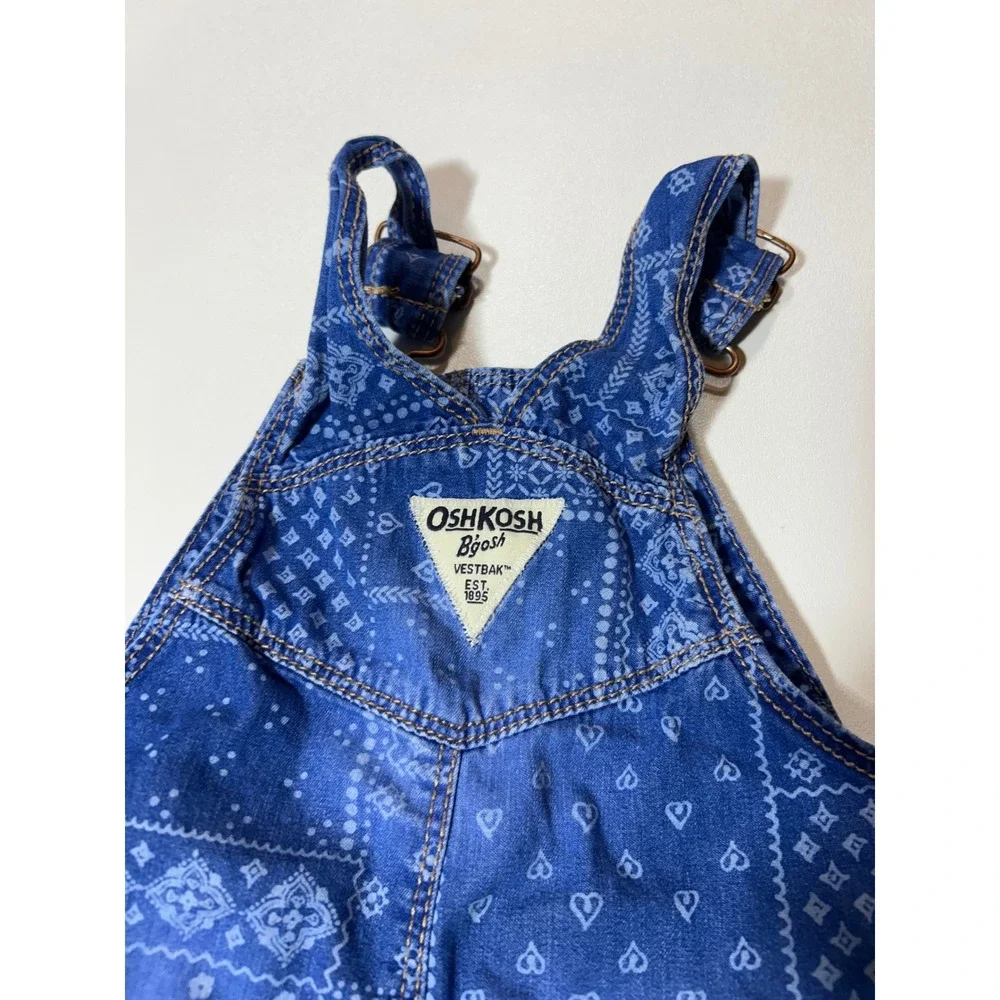 OshKosh Shortalls Baby 6M Blue Excellent Bandana Paisley Heart Print Denim